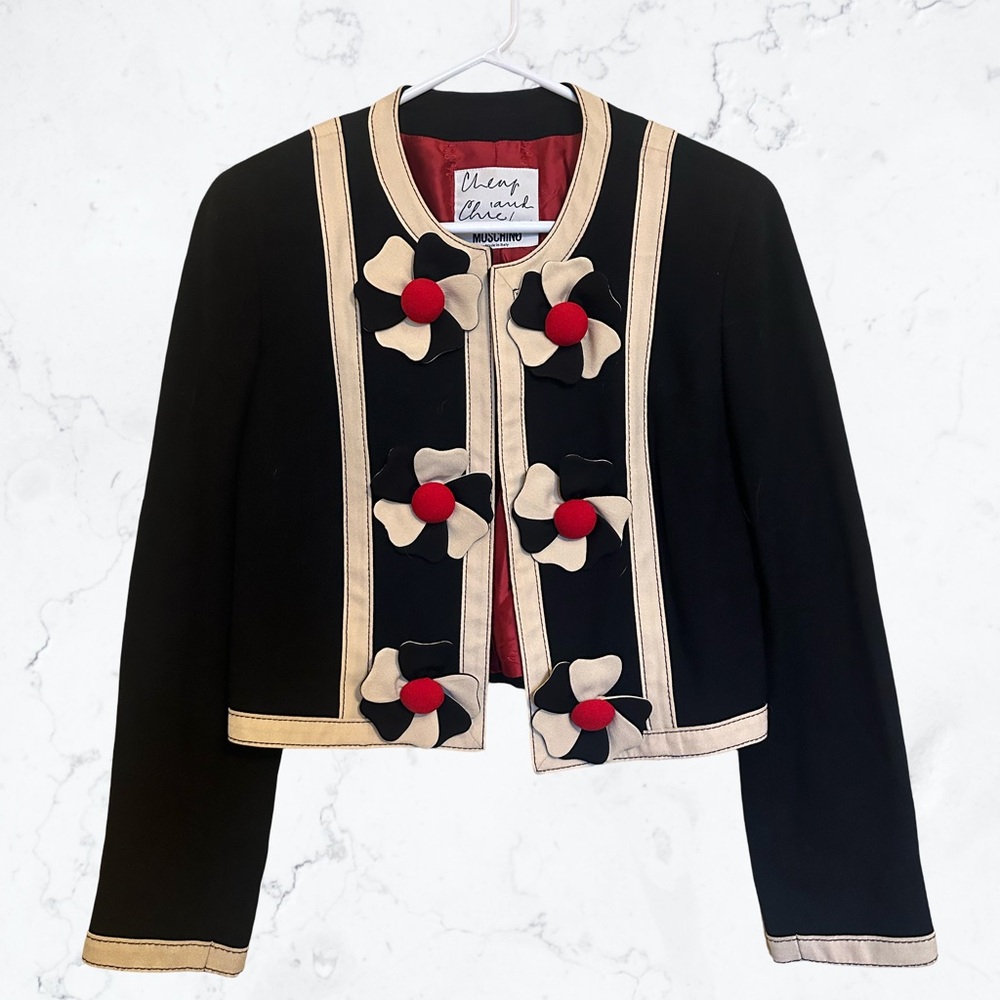 Moschino Black Cropped Blazer with Cream Trim and Red Floral Buttons